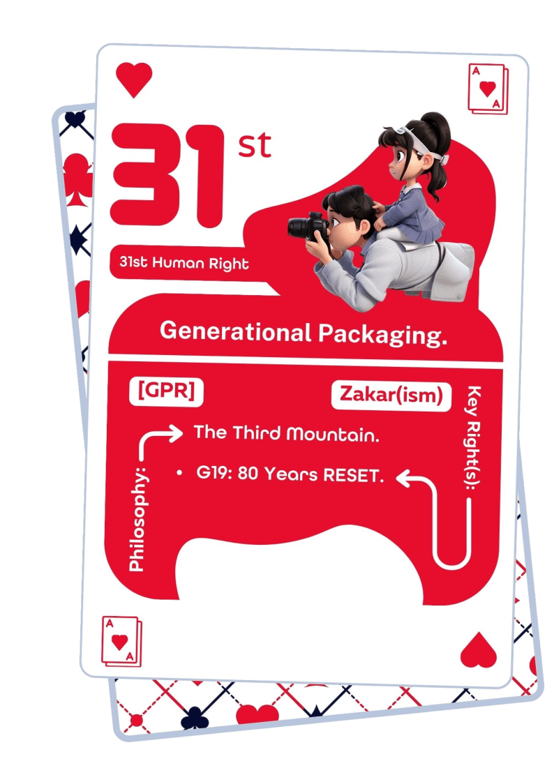 31st Human Right: Generational Packaging, Zakar(ism) — key rights: The Third Mountain, G19: 80 Years Reset