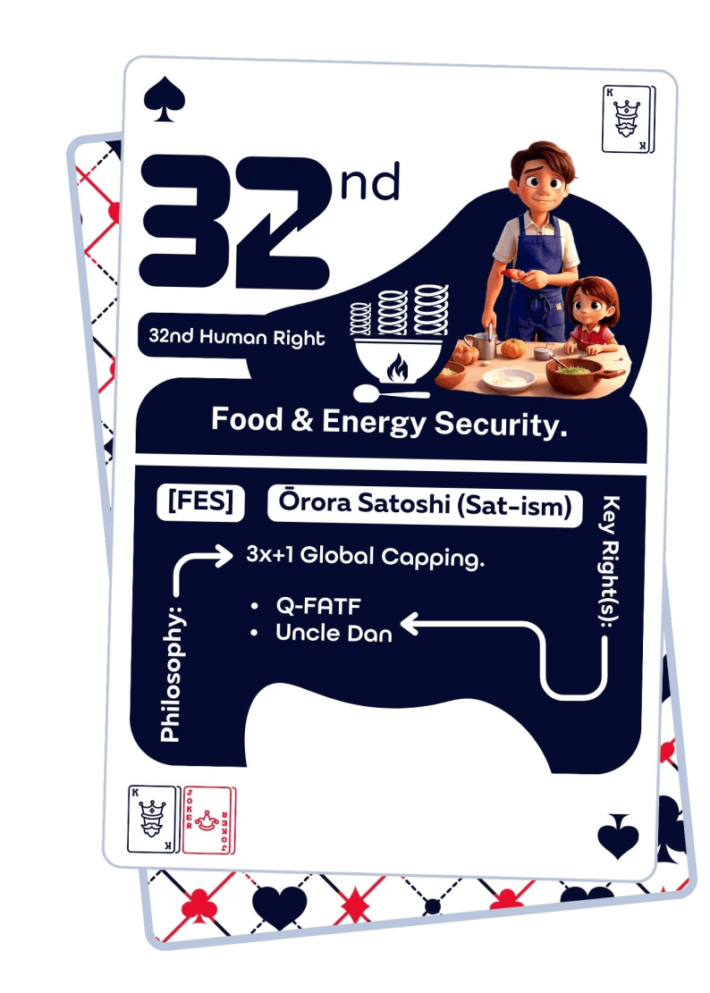 32nd Human Right: Food & Energy Security, Ōrora Satoshi (Sat-ism) — key rights: Q-FATF, Uncle Dan