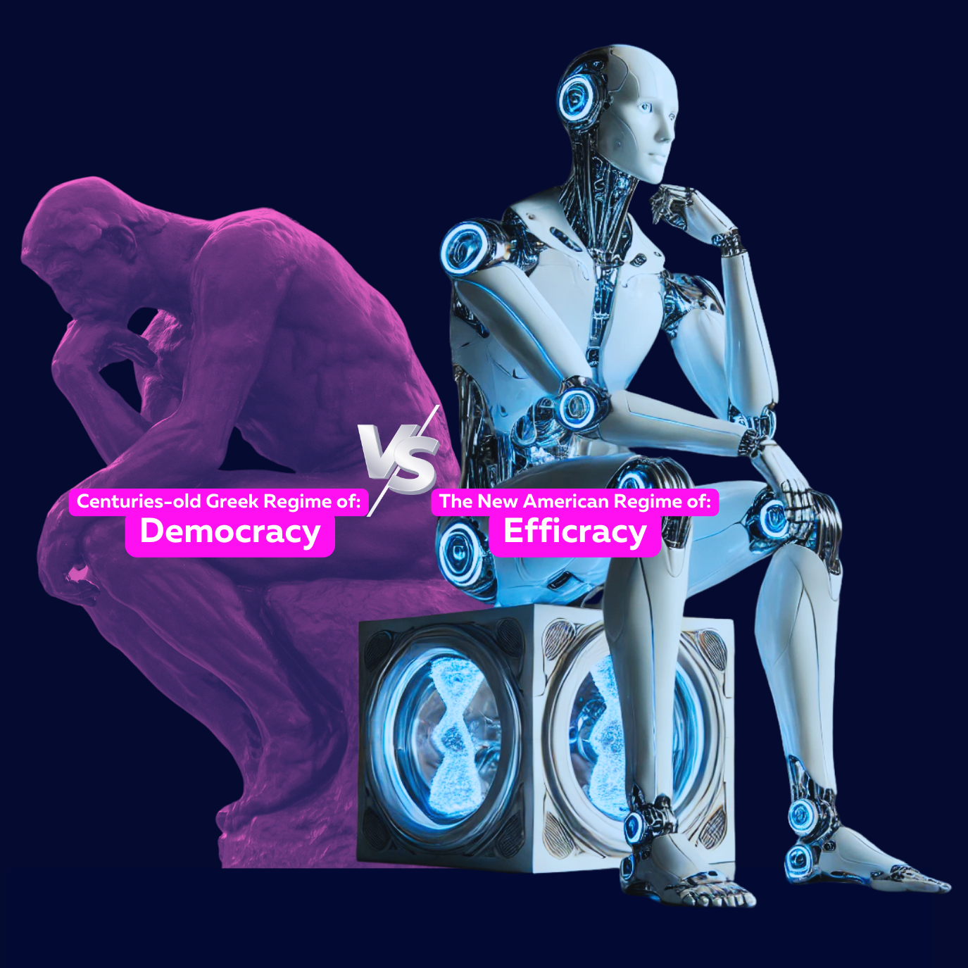 Rodin's "The Thinker," labeled the centuries-old Greek regime of Democracy, beside a seated AI android in the same pose, labeled the new American regime of Efficracy