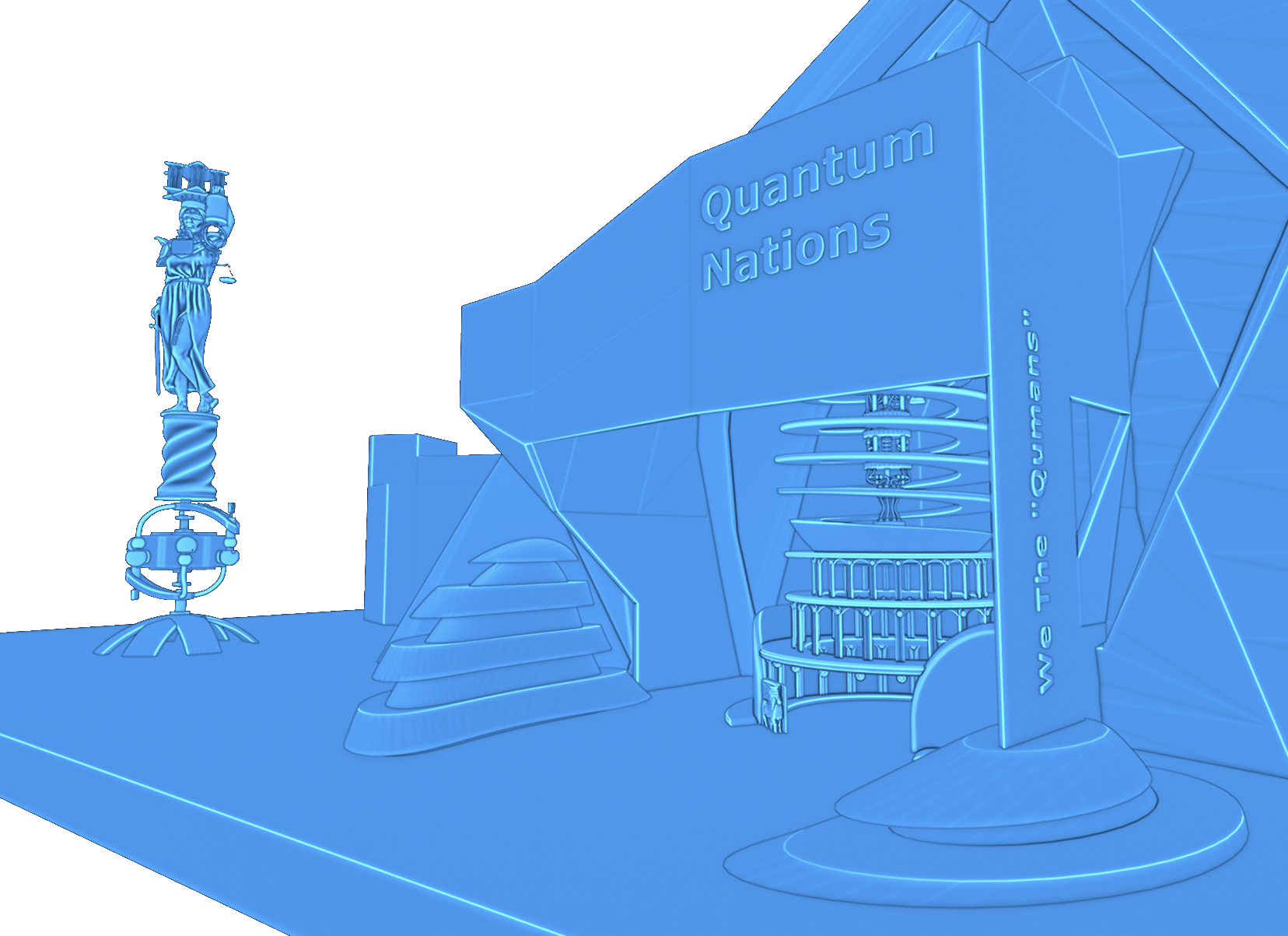 3D architectural concept render of the proposed Quantum Nations headquarters, engraved "We the Qumans"
