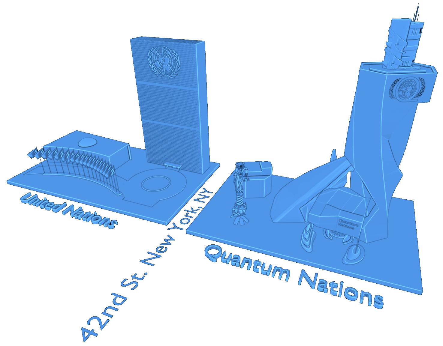 3D concept render comparing the existing United Nations headquarters at 42nd Street, New York, with the proposed Quantum Nations headquarters