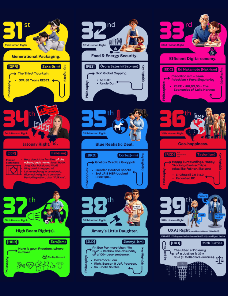 Preview sheet of all nine Human Rights playing cards, numbered 31st through 39th
