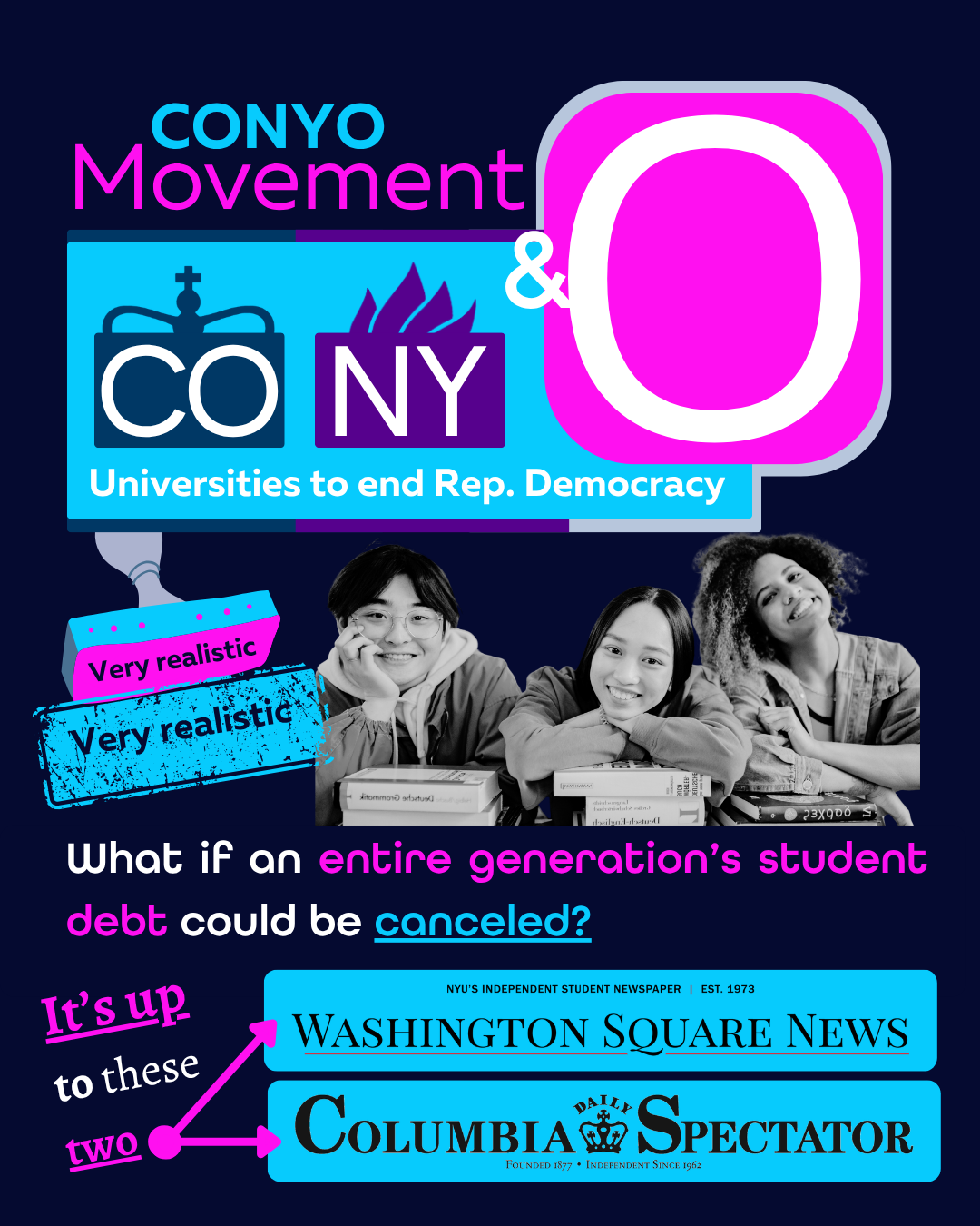 CONYO Movement branding combining Columbia (CO) and NYU (NY) with a large magenta O for "others," above a photo of three students and links to Washington Square News and Columbia Daily Spectator