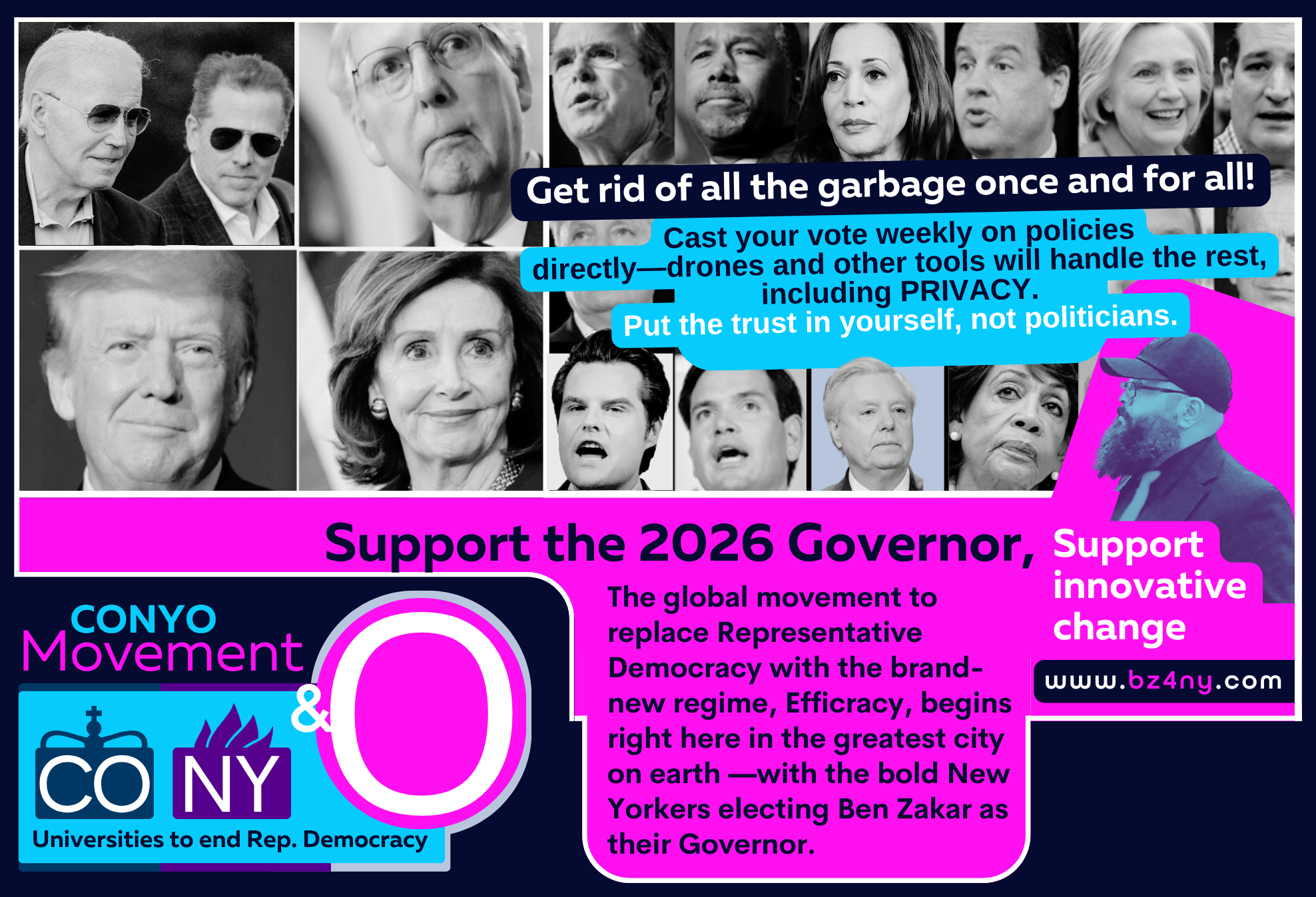 Collage of national political figures across the spectrum with the message "Get rid of all the garbage once and for all," promoting weekly direct policy voting with drone-assisted privacy