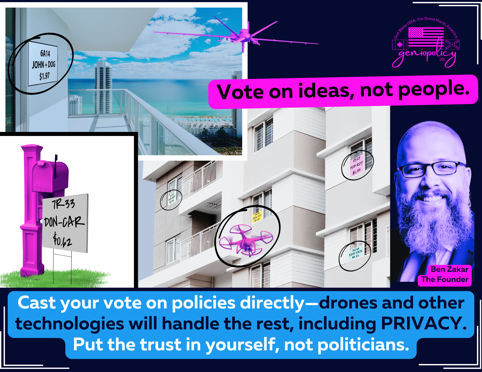 Ben Zakar, the founder, alongside a GenioPolicy logo, a voting drone concept, and mock street signage reading "Vote on ideas, not people"