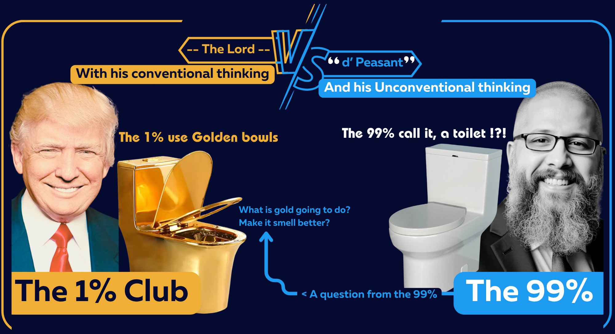 "The 1% Club" with a golden toilet versus "The 99%" with a standard toilet, questioning what luxury materials add to a basic human need