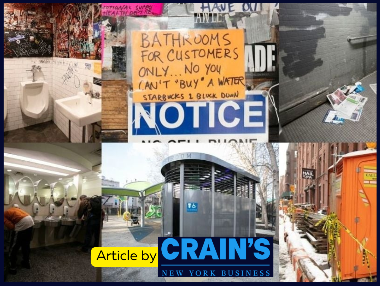 Collage of unusable NYC public restrooms: graffiti-covered urinals, a "bathrooms for customers only" sign, and a locked porta-potty