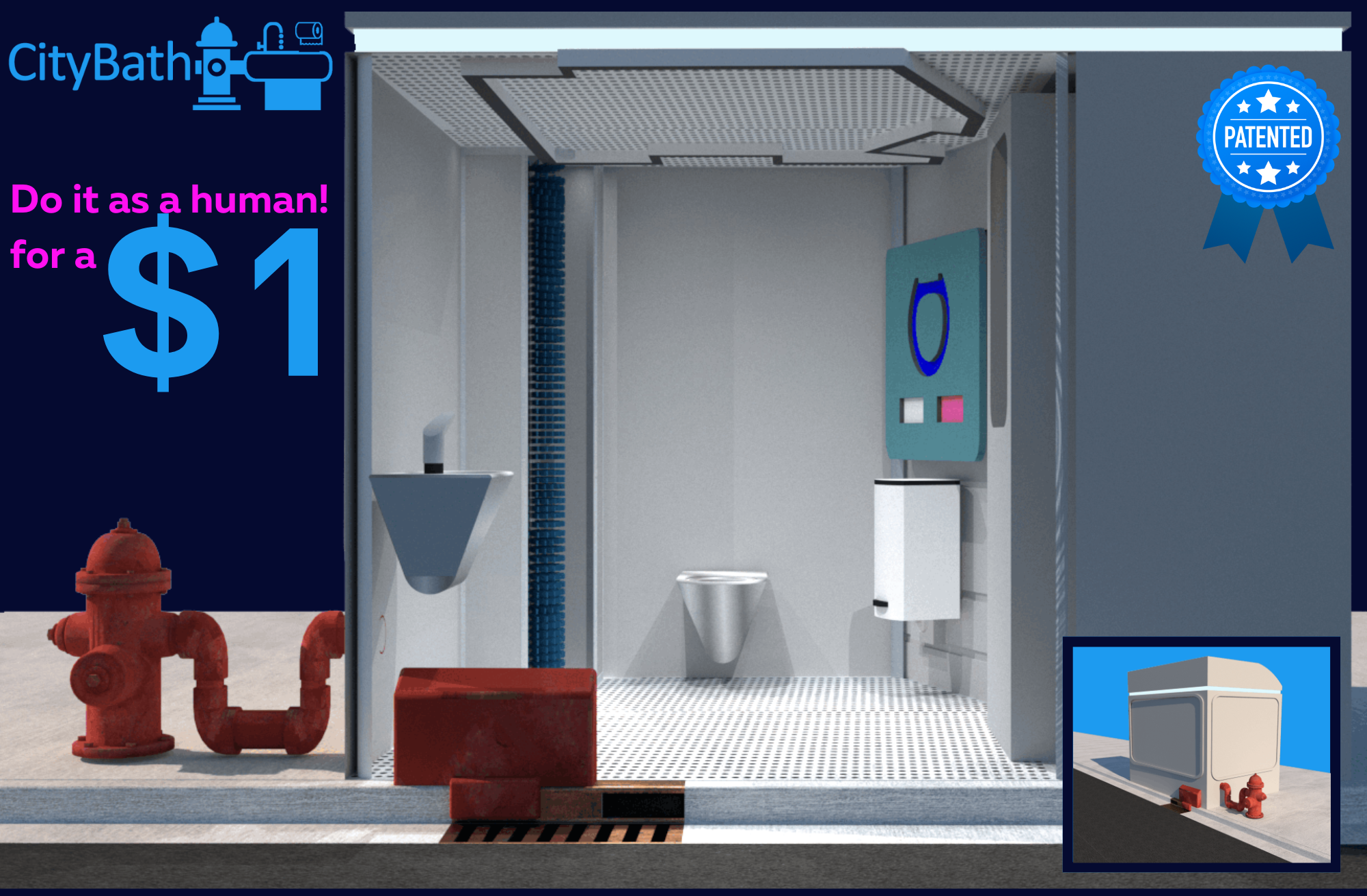 CityBath render: a self-contained, patented public toilet unit connecting to a fire hydrant, priced at one dollar