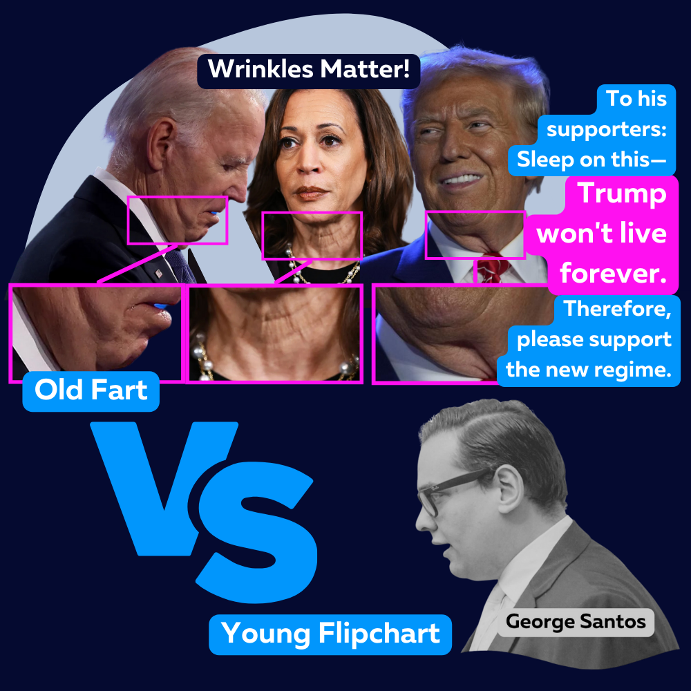 "Old Fart" (Biden, Harris, Trump) versus "Young Flipchart" George Santos, captioned "Wrinkles Matter"
