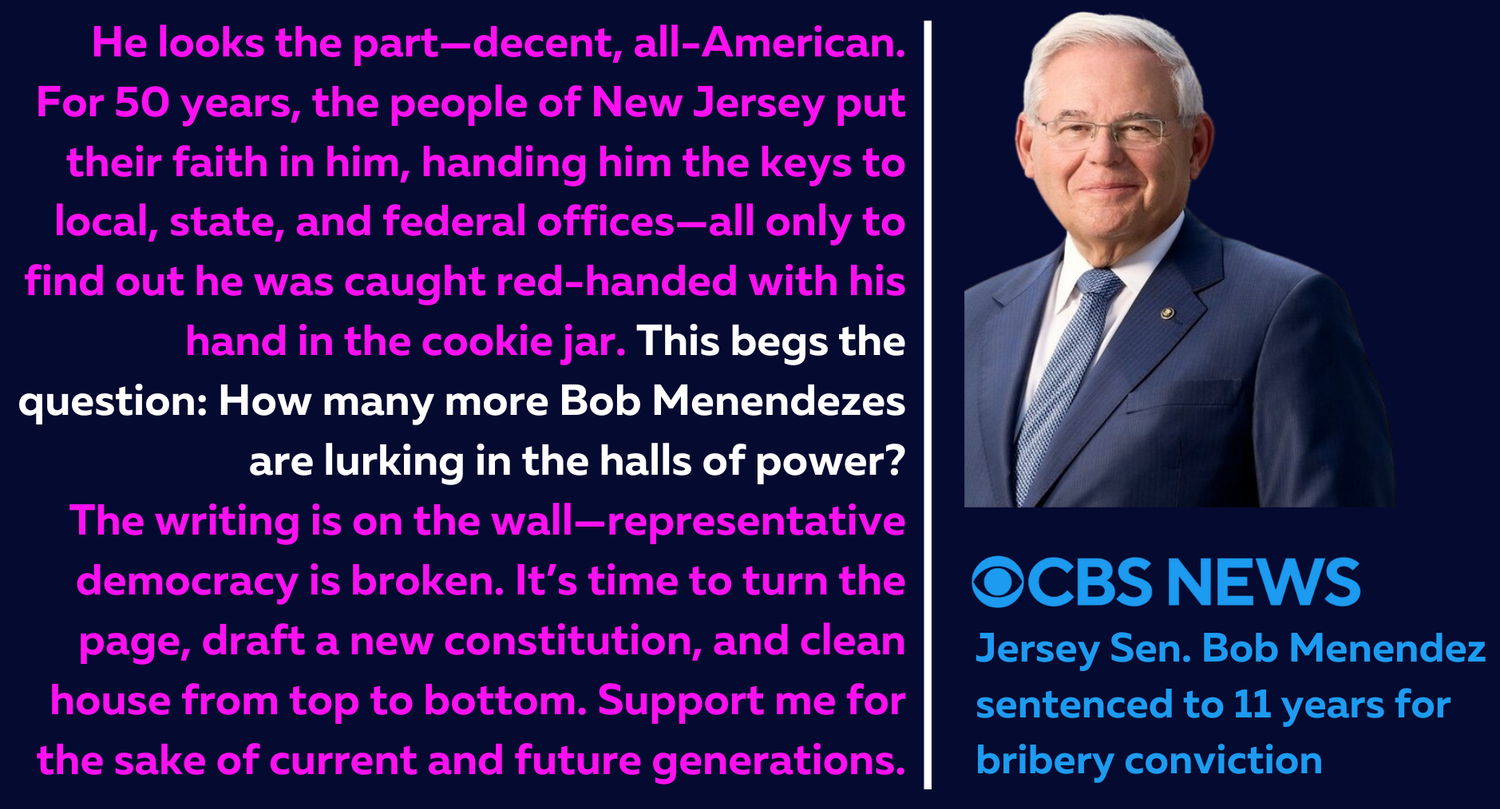 CBS News headline: "Jersey Sen. Bob Menendez sentenced to 11 years for bribery conviction," beside his official portrait