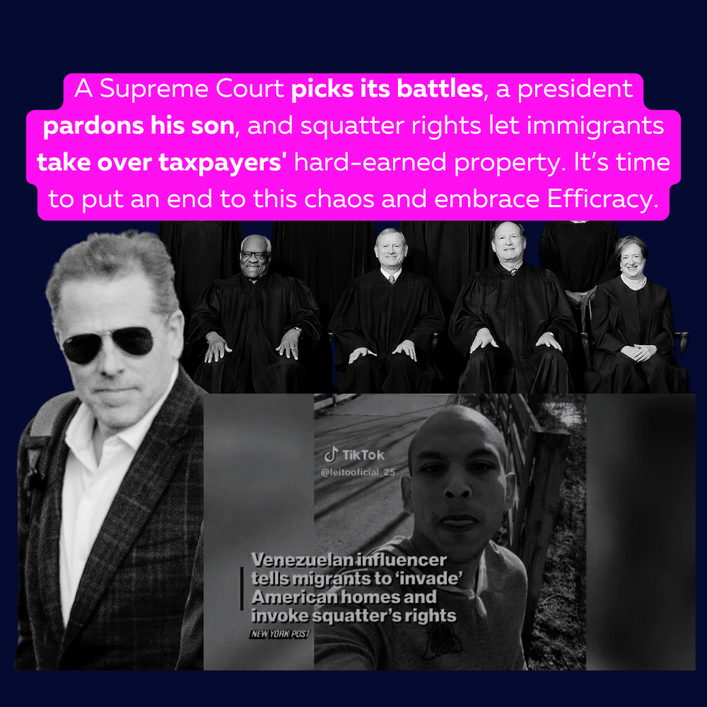 Graphic referencing presidential pardon power, squatter rights, and Supreme Court ethics scandals involving Justices Clarence Thomas and Samuel Alito